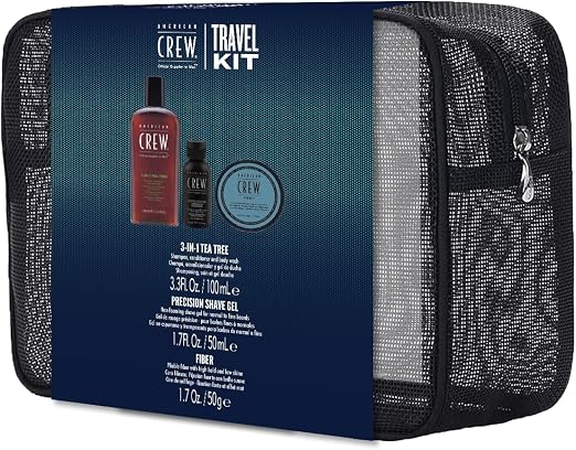AMERICAN CREW Travel-Kit for Men: 3-in-1 Care Shampoo, Conditioner & Shower Gel (100 ml), Precision Shave Gel (50 ml) and Fibre Hair Wax with Strong Hold (50 g) for Hair and Body Care (CLEARANCE)