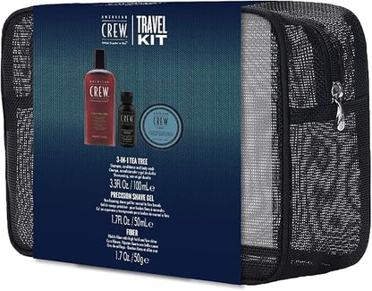 AMERICAN CREW Travel-Kit for Men: 3-in-1 Care Shampoo, Conditioner & Shower Gel (100 ml), Precision Shave Gel (50 ml) and Fibre Hair Wax with Strong Hold (50 g) for Hair and Body Care (CLEARANCE)