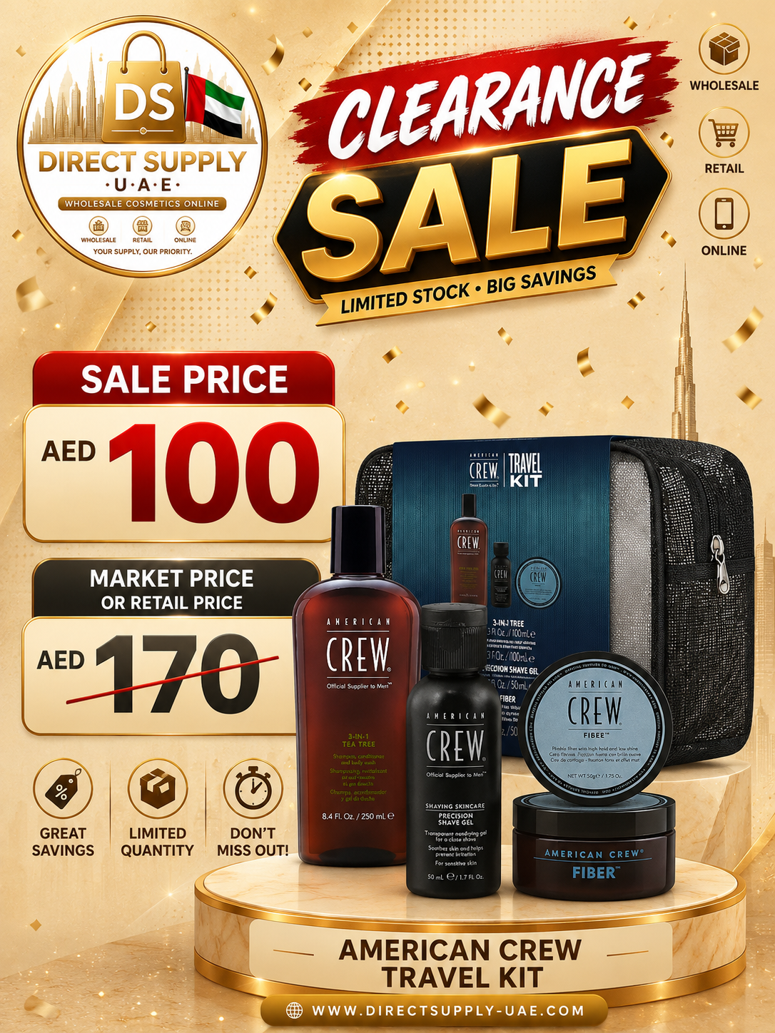AMERICAN CREW Travel-Kit for Men: 3-in-1 Care Shampoo, Conditioner & Shower Gel (100 ml), Precision Shave Gel (50 ml) and Fibre Hair Wax with Strong Hold (50 g) for Hair and Body Care (CLEARANCE)